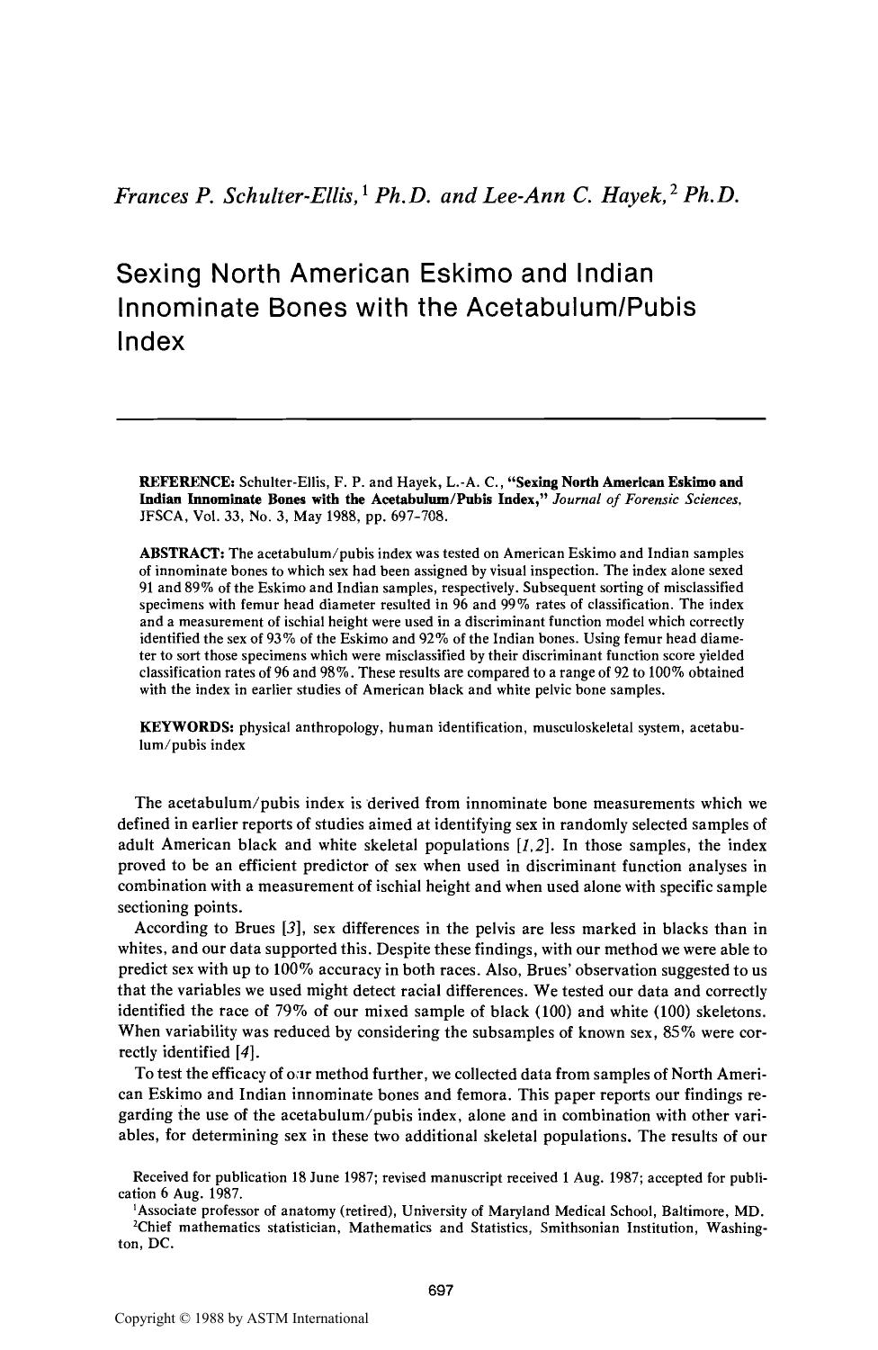 Sexing North American Eskimo and Indian Innominate Bones with the AcetabulumPubis Index by Schulter-Ellis FP Hayek L.-AC