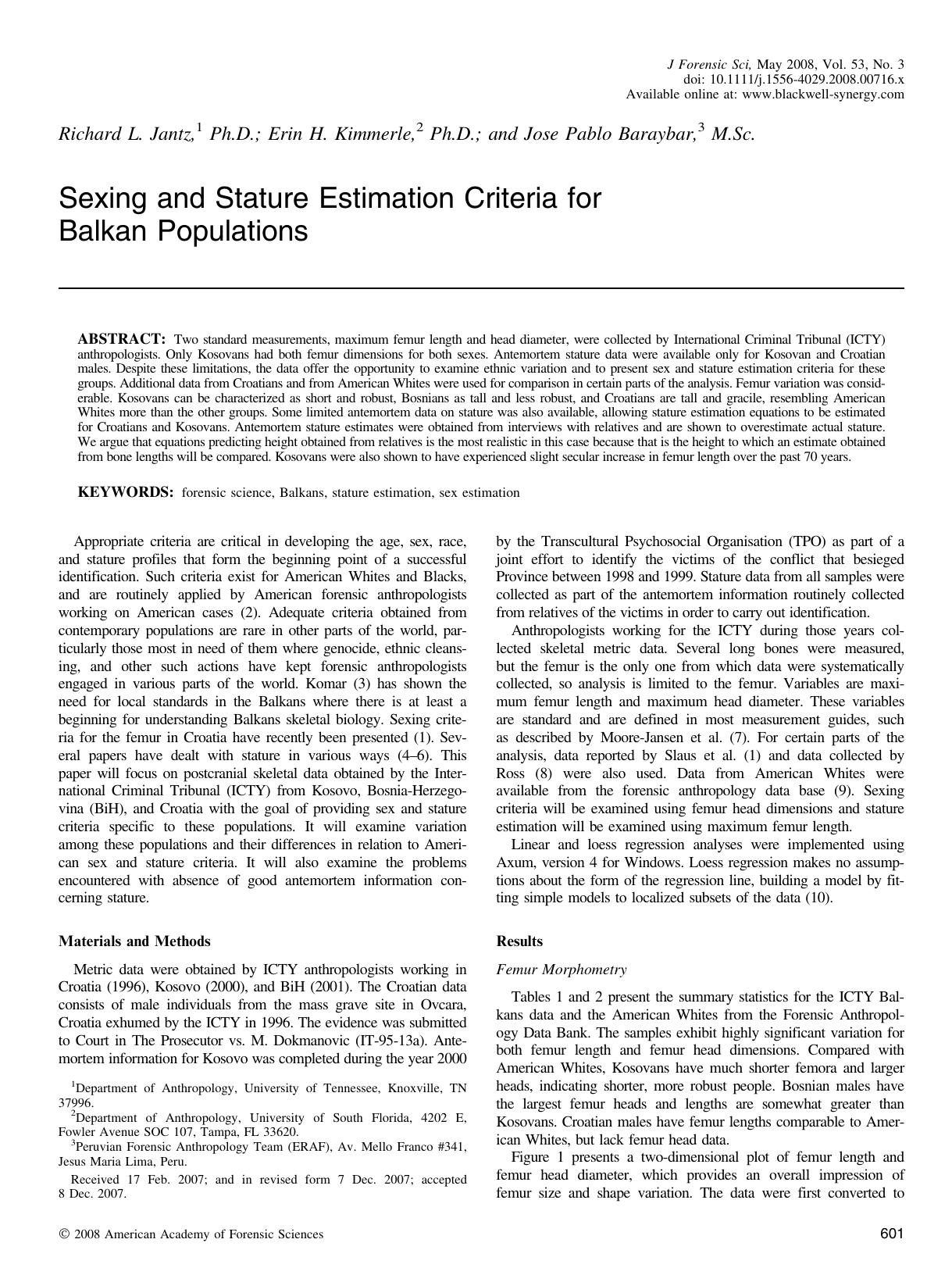 Sexing and Stature Estimation Criteria for Balkan Populations by Unknown