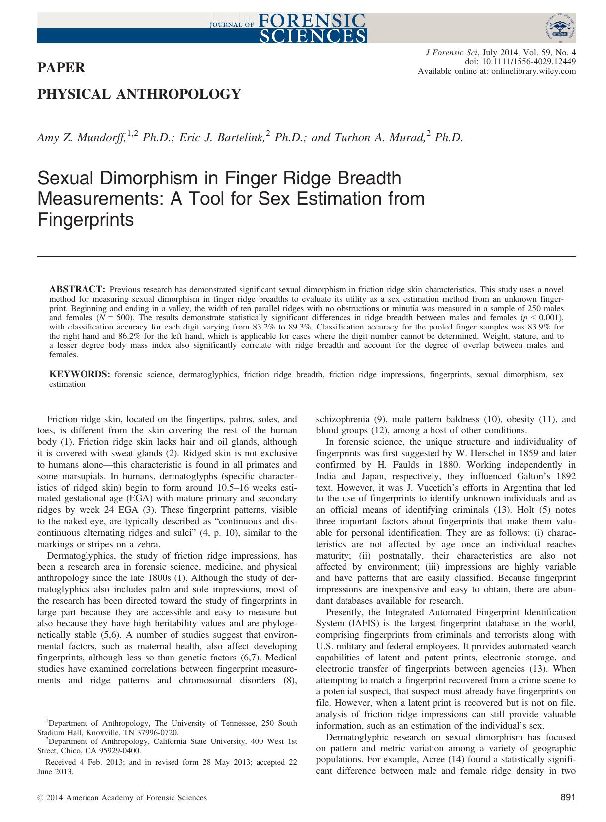 Sexual Dimorphism in Finger Ridge Breadth Measurements: A Tool for Sex Estimation from Fingerprints by Unknown