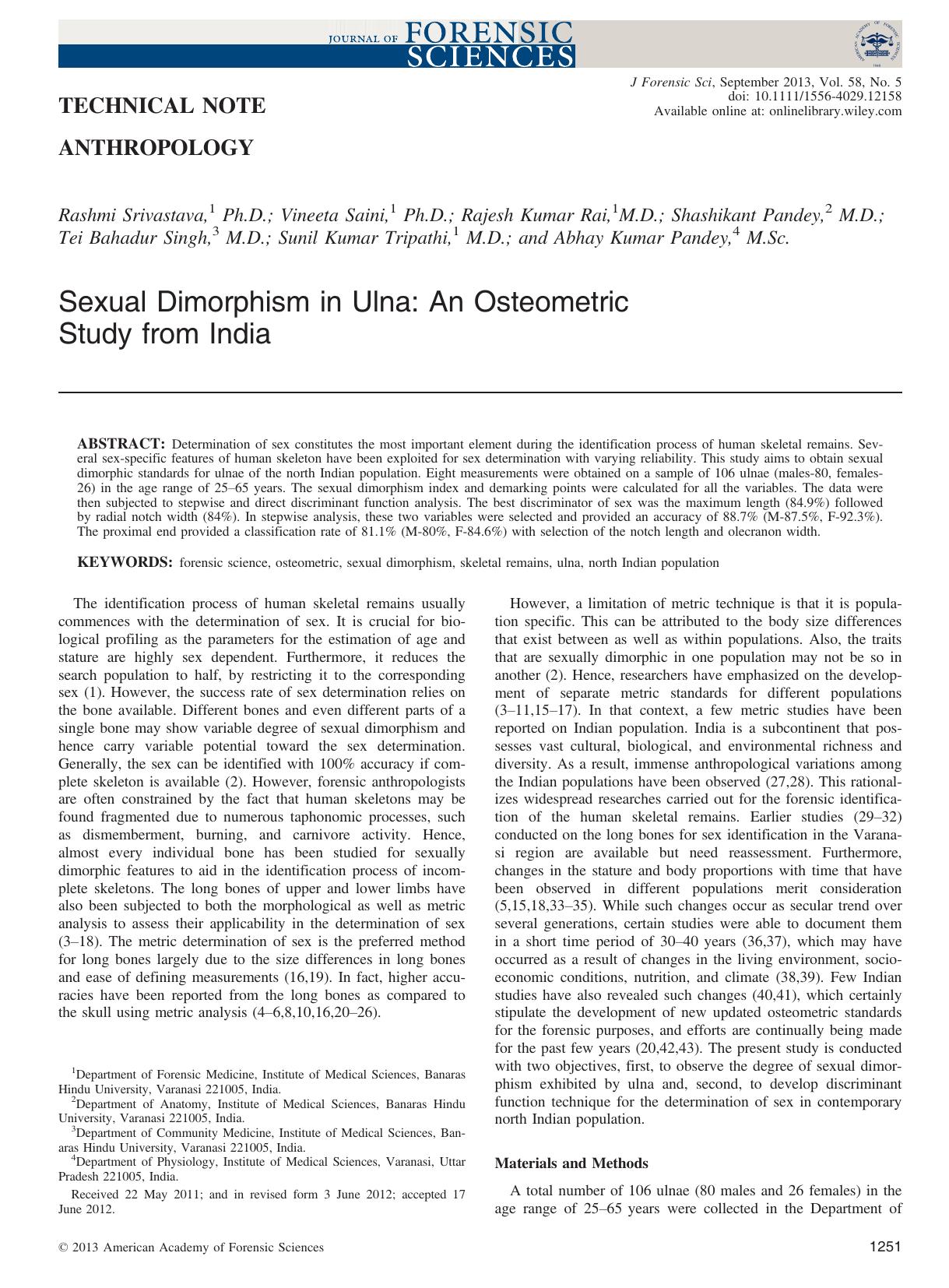 Sexual Dimorphism in Ulna: An Osteometric Study from India by Unknown