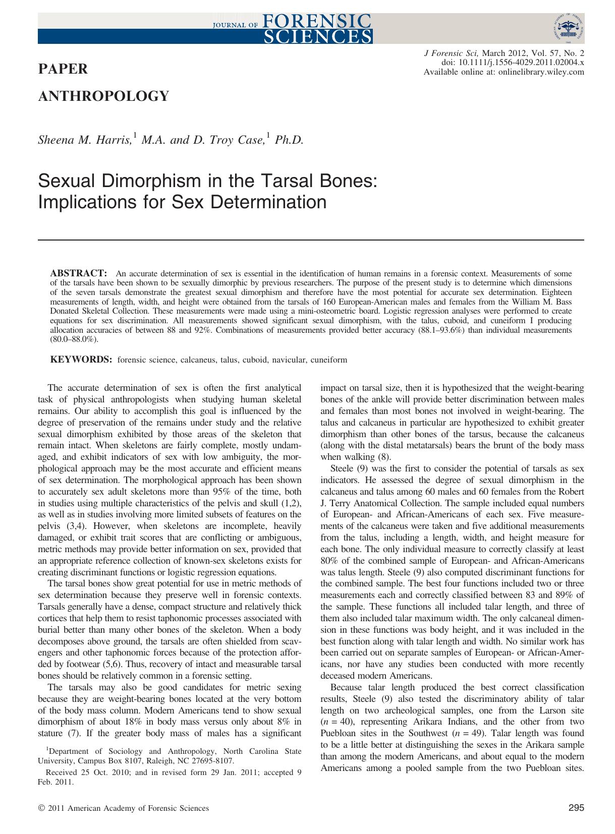 Sexual Dimorphism in the Tarsal Bones: Implications for Sex Determination by Unknown