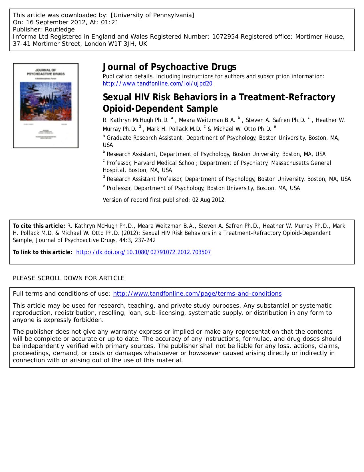 Sexual HIV Risk Behaviors in a Treatment-Refractory Opioid-Dependent Sample by unknow