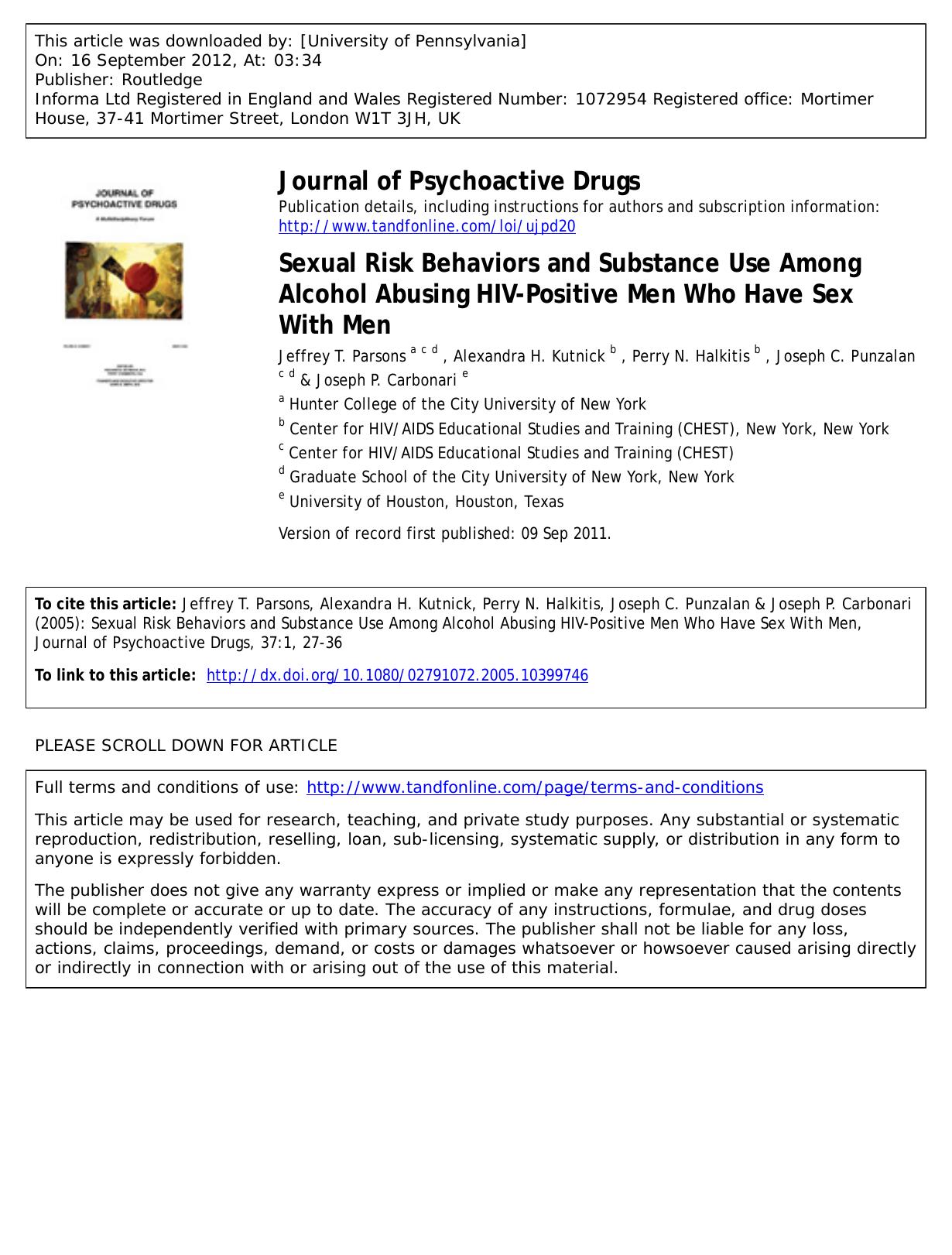 Sexual Risk Behaviors and Substance Use Among Alcohol Abusing HIV-Positive Men Who Have Sex With Men by unknow