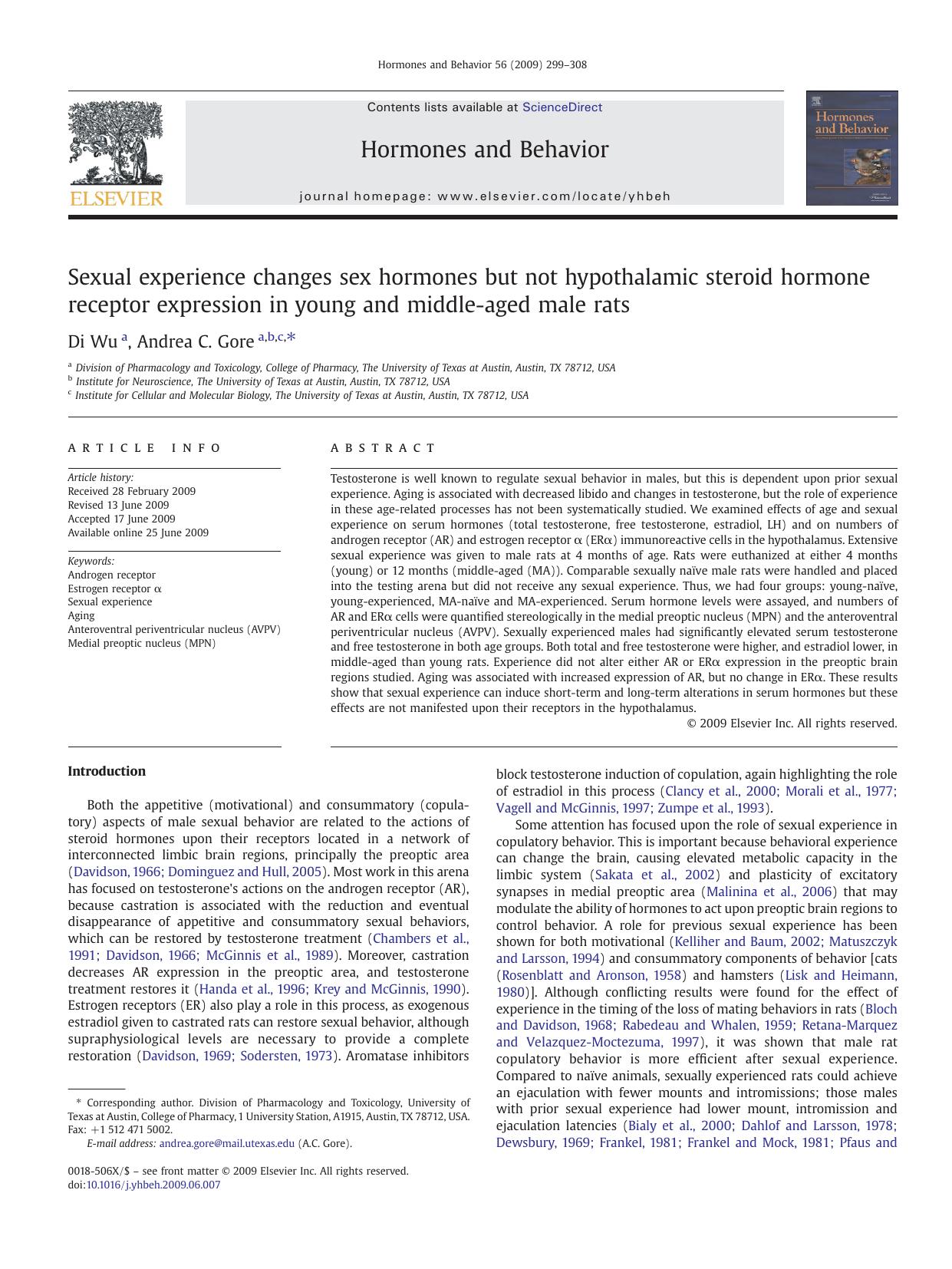 Sexual experience changes sex hormones but not hypothalamic steroid hormone receptor expression in young and middle-aged male rats by Di Wu; Andrea C. Gore