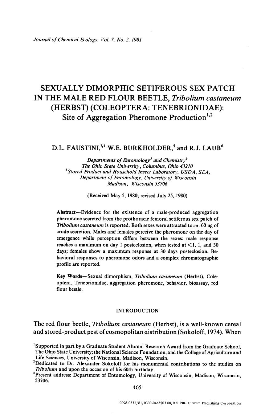 Sexually dimorphic setiferous sex patch in the male red flour beetle, <Emphasis Type="Italic">Tribolium castaneum <Emphasis> (Herbst) (Coleoptera: Tenebrionidae): Site of aggregati by Unknown