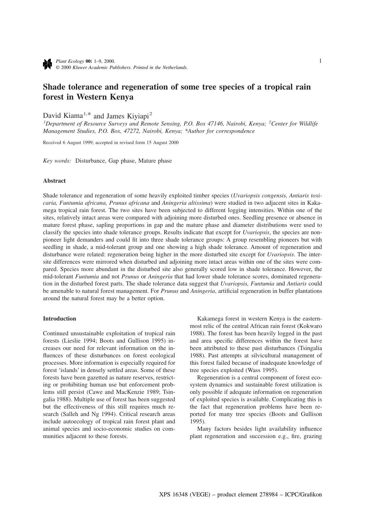 Shade tolerance and regeneration of some tree species of a tropical rain forest in Western Kenya by Unknown