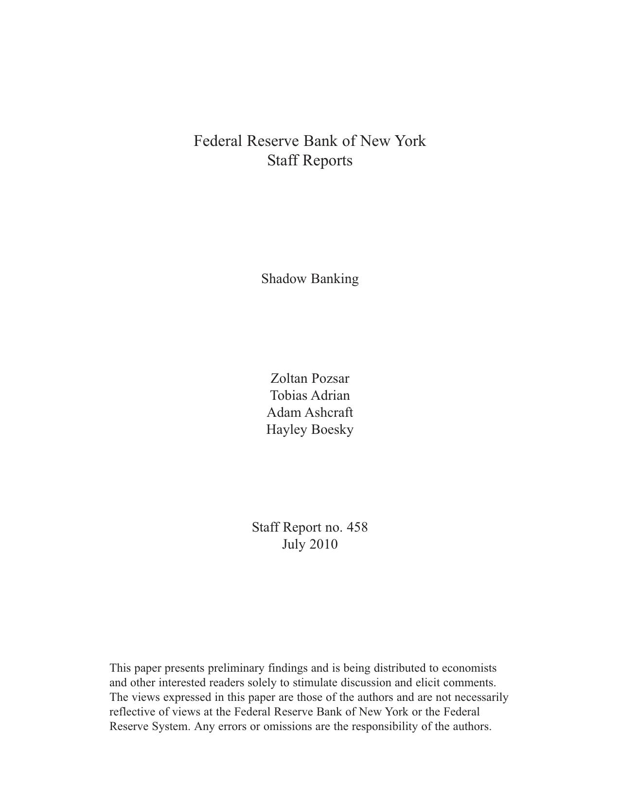 Shadow Banking by Zoltan Pozsar Tobias Adrian Adam Ashcraft Hayley Boesky