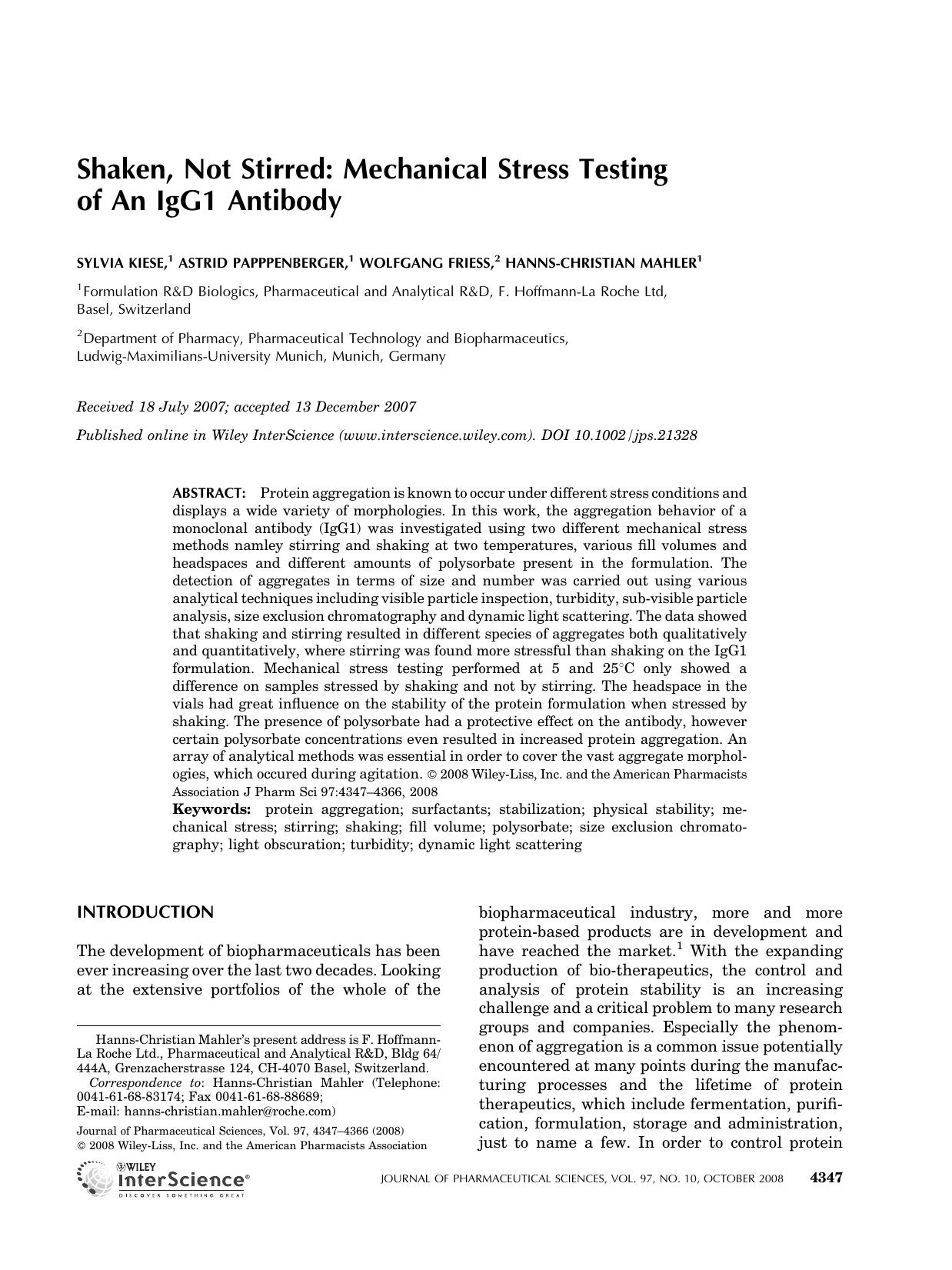 Shaken, not stirred: Mechanical stress testing of an IgG1 antibody by Unknown