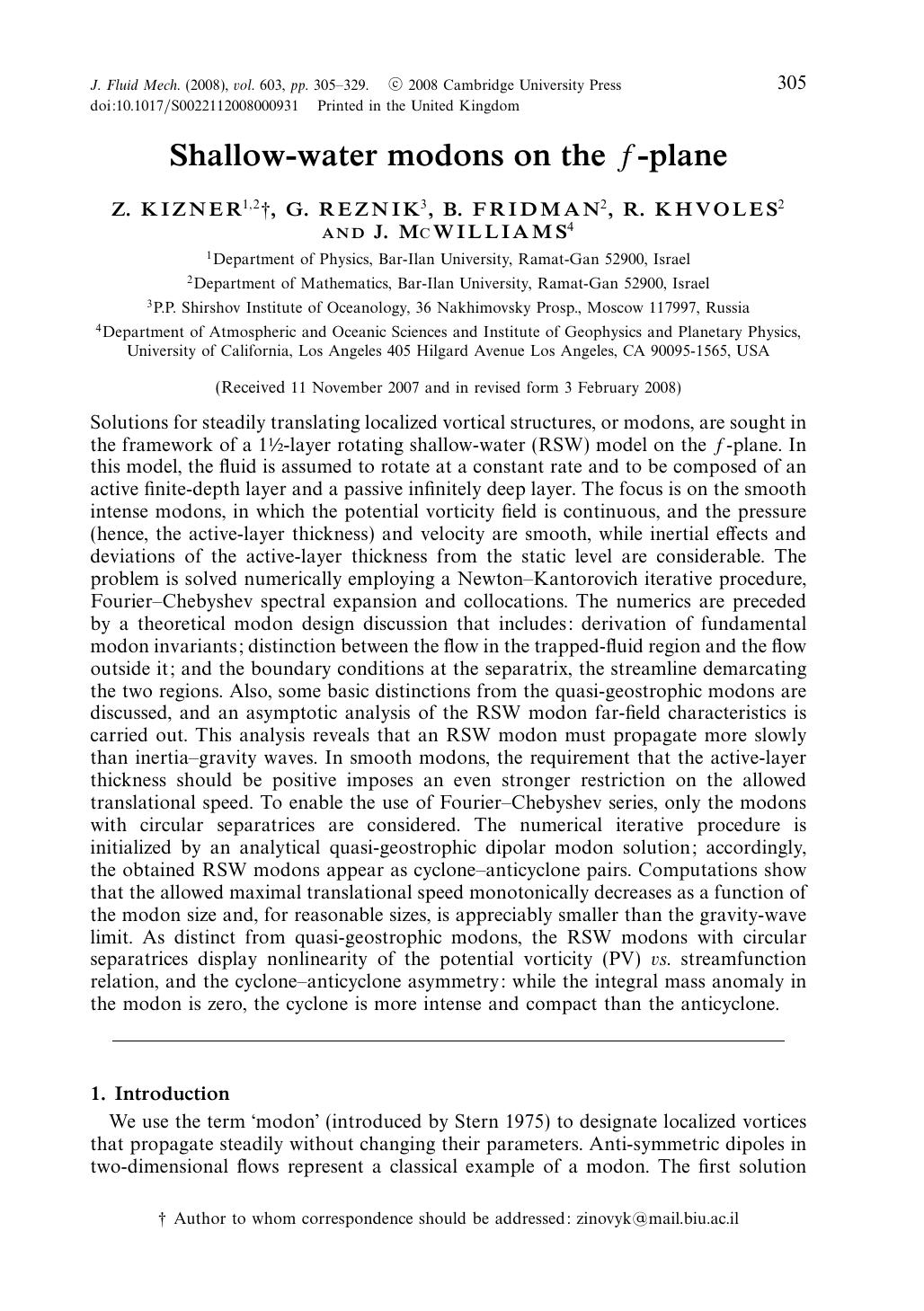 Shallow-water modons on the f-plane by Z. KIZNER G. REZNIK B. FRIDMAN R. KHVOLES & J. McWILLIAMS