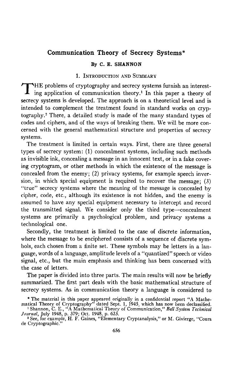Shannon Communication Theory of Secrecy Systems by Unknown