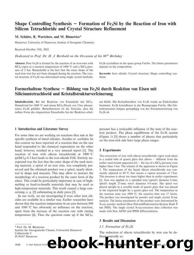 Shape Controlling Synthesis - Formation of Fe3Si by the Reaction of Iron with Silicon Tetrachloride and Crystal Structure Refinement by Unknown