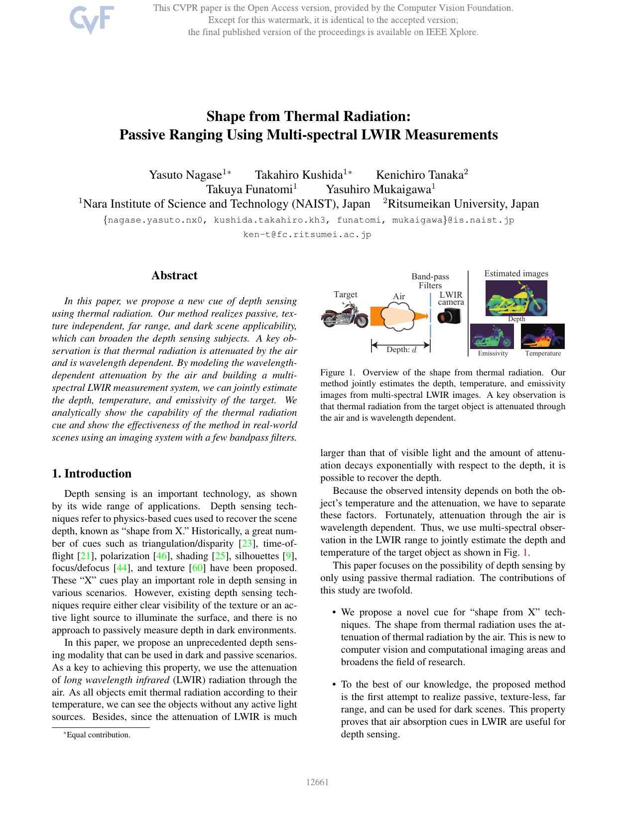 Shape From Thermal Radiation: Passive Ranging Using Multi-Spectral LWIR Measurements by Yasuto Nagase & Takahiro Kushida & Kenichiro Tanaka & Takuya Funatomi & Yasuhiro Mukaigawa