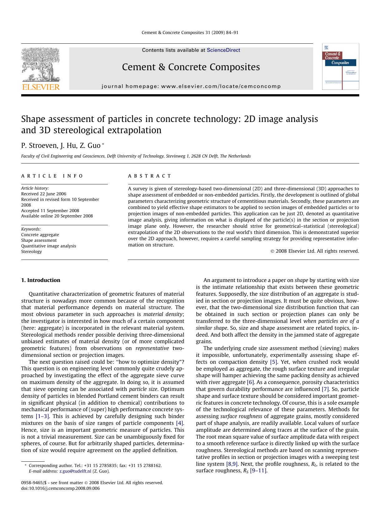 Shape assessment of particles in concrete technology: 2D image analysis and 3D stereological extrapolation by P. Stroeven; J. Hu; Z. Guo