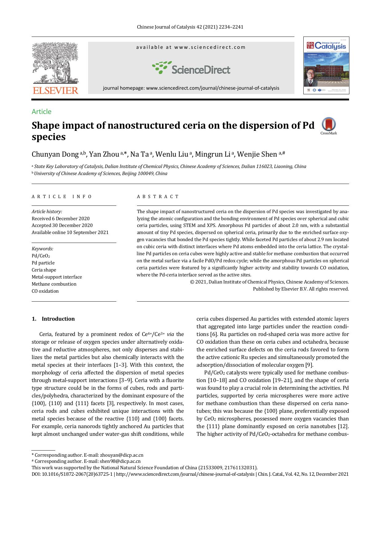 Shape impact of nanostructured ceria on the dispersion of Pd species by Chunyan Dong & Yan Zhou & Na Ta & Wenlu Liu & Mingrun Li & Wenjie Shen