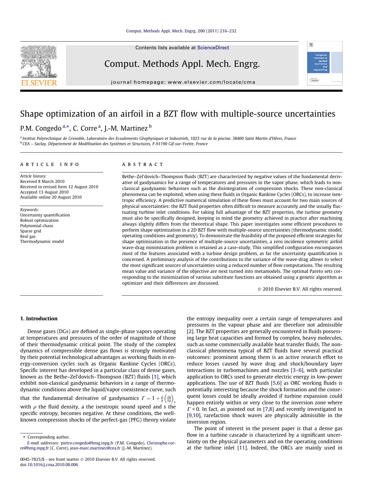 Shape optimization of an airfoil in a BZT flow with multiple-source uncertainties by P.M. Congedo & C. Corre & J.-M. Martinez