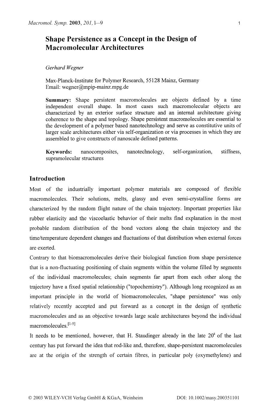 Shape persistence as a concept in the design of macromolecular architectures by Unknown