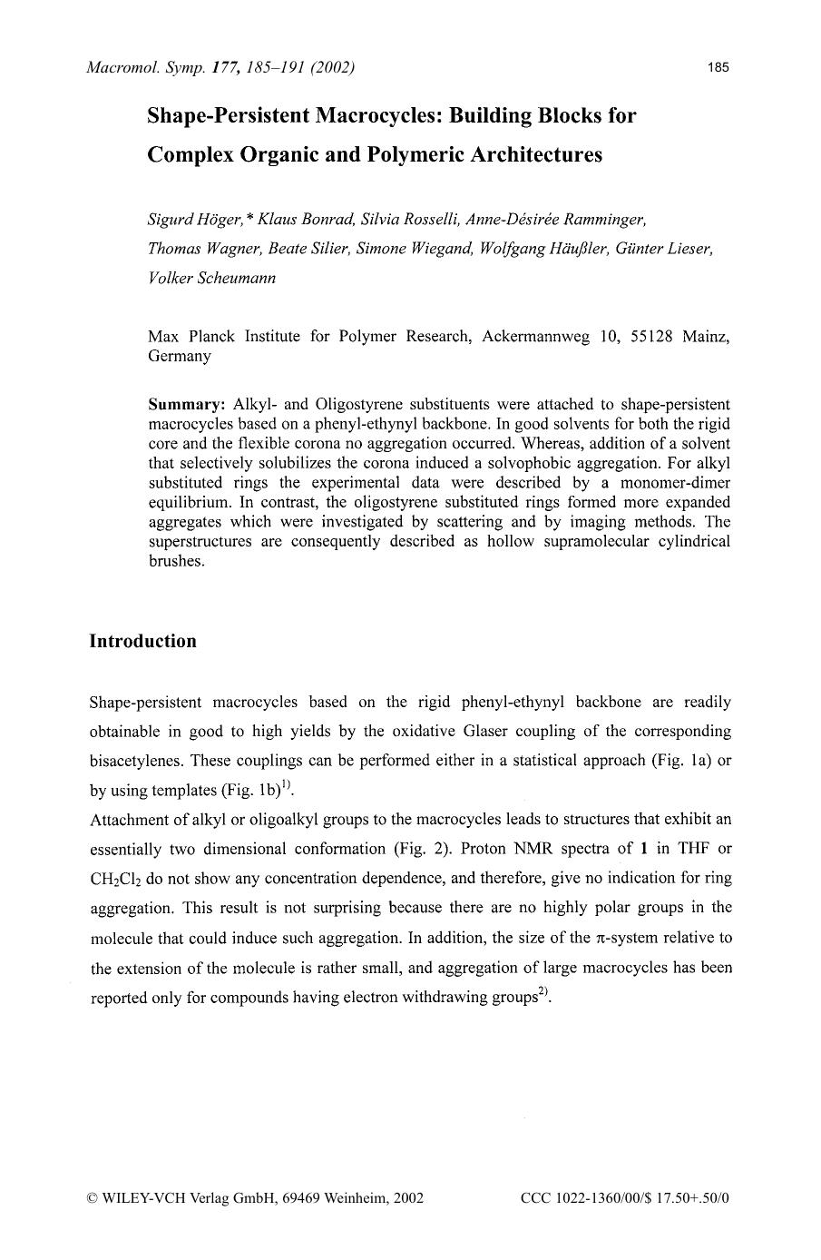 Shape-persistent macrocycles: building blocks for complex organic and polymeric architectures by Unknown