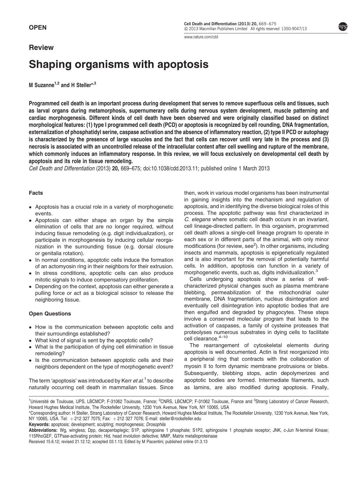 Shaping organisms with apoptosis by M Suzanne & H Steller