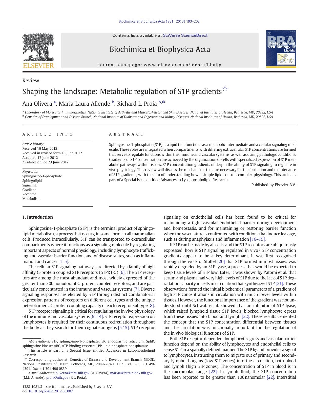 Shaping the landscape: Metabolic regulation of S1P gradients by Ana Olivera & Maria Laura Allende & Richard L. Proia