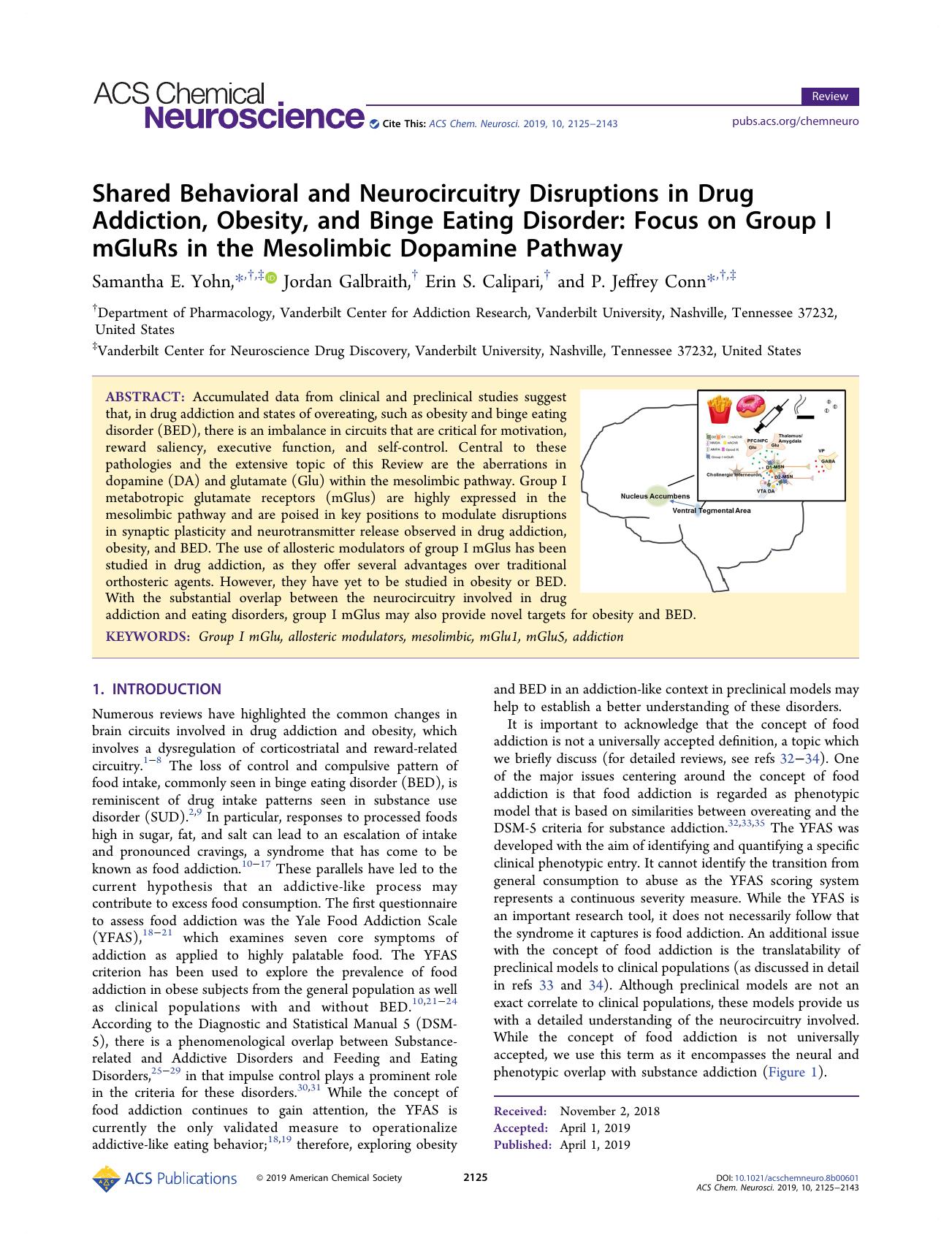 Shared Behavioral and Neurocircuitry Disruptions in Drug Addiction, Obesity, and Binge Eating Disorder: Focus on Group I mGluRs in the Mesolimbic Dopamine Pathway by Samantha E. Yohn Jordan Galbraith Erin S. Calipari and P. Jeffrey Conn