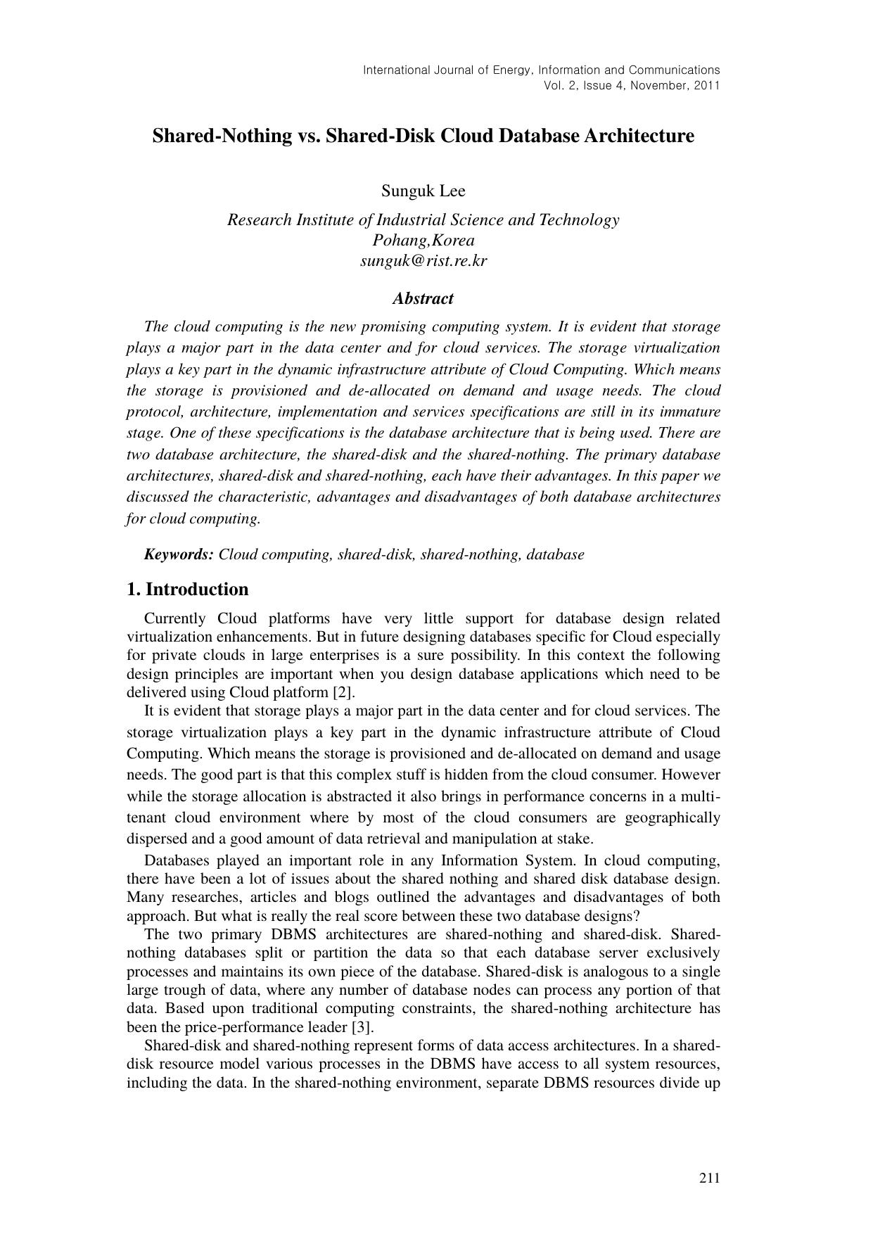 Shared-Nothing vs. Shared-Disk Cloud Database Architecture by vette