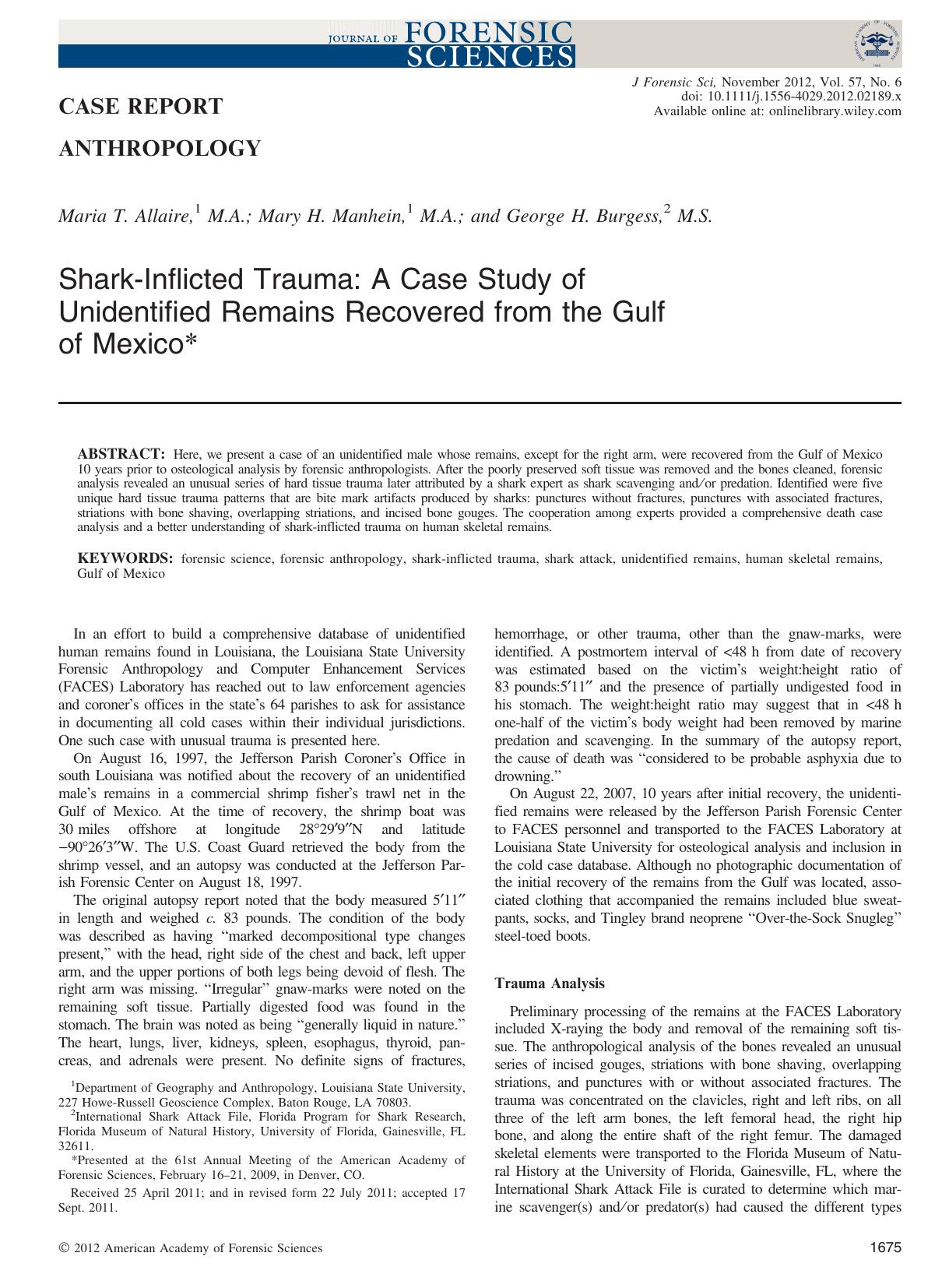 Sharkâ•’Inflicted Trauma: A Case Study of Unidentified Remains Recovered from the Gulf of Mexico* by Unknown