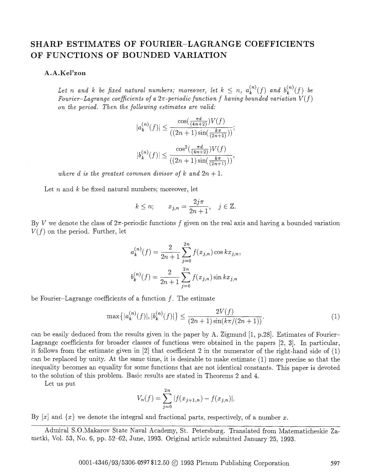 Sharp estimates of Fourier-Lagrange coefficients of functions of bounded variation by Unknown
