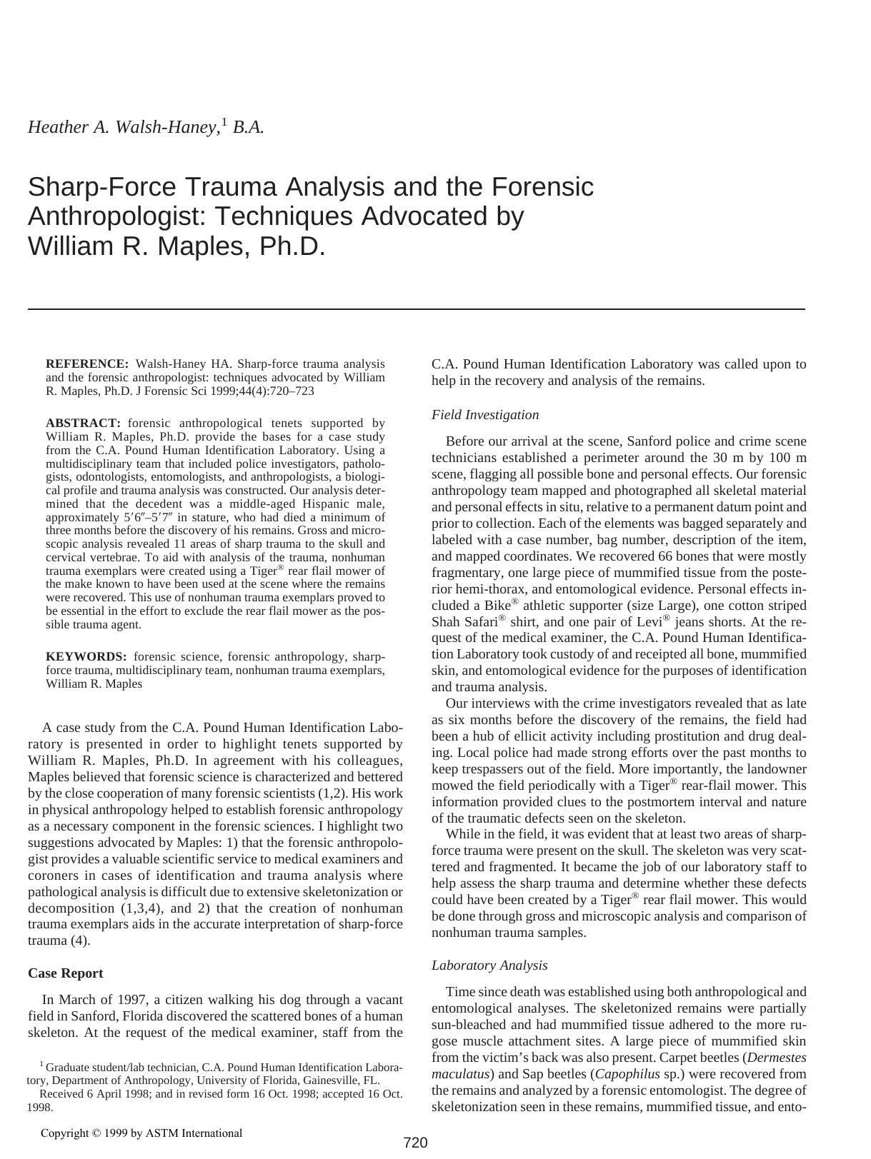 Sharp-force trauma analysis and the forensic anthropologist: techniques advocated by William R. Maples, Ph.D. by Walsh-Haney HA