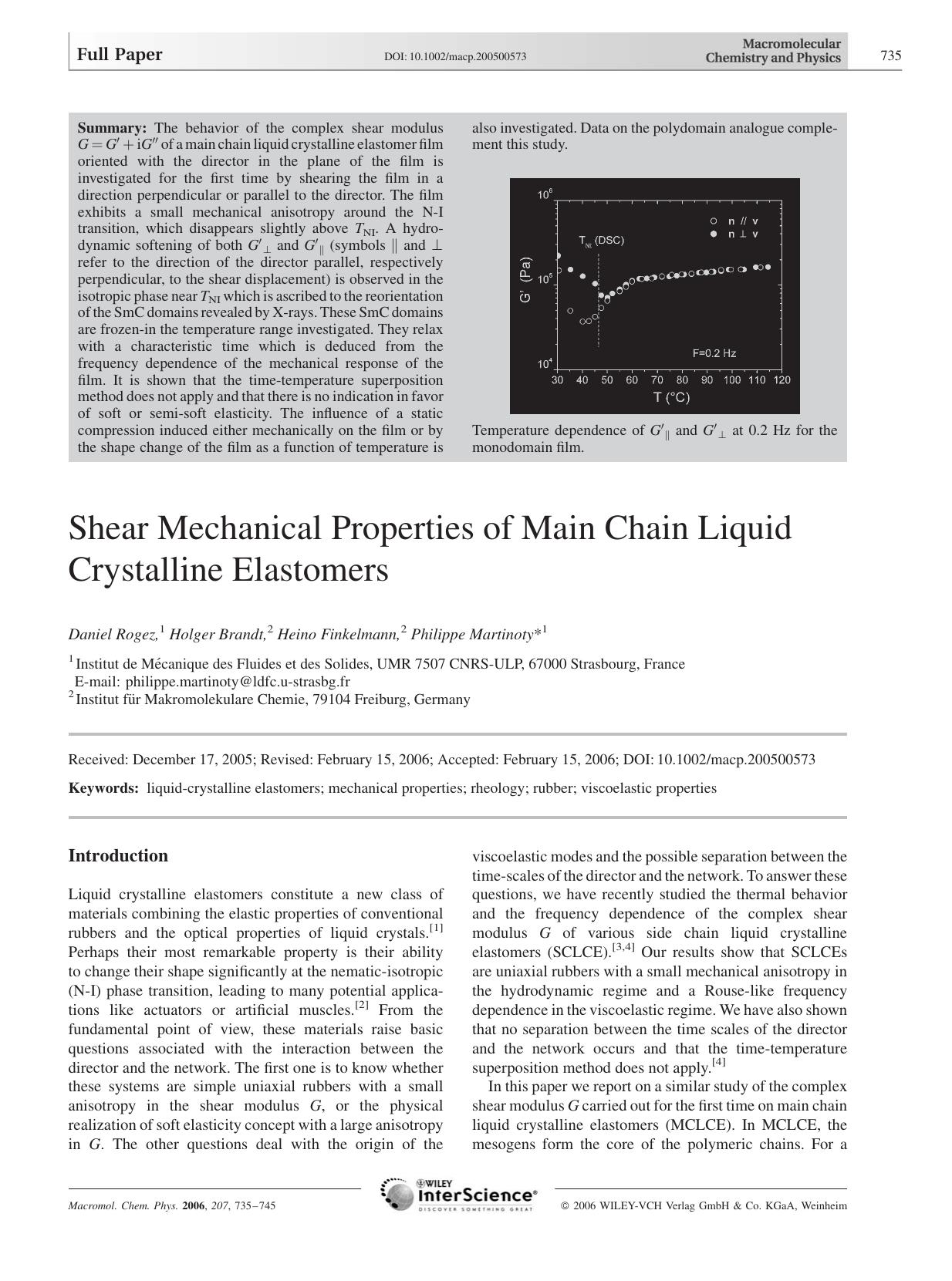 Shear Mechanical Properties of Main Chain Liquid Crystalline Elastomers by Unknown