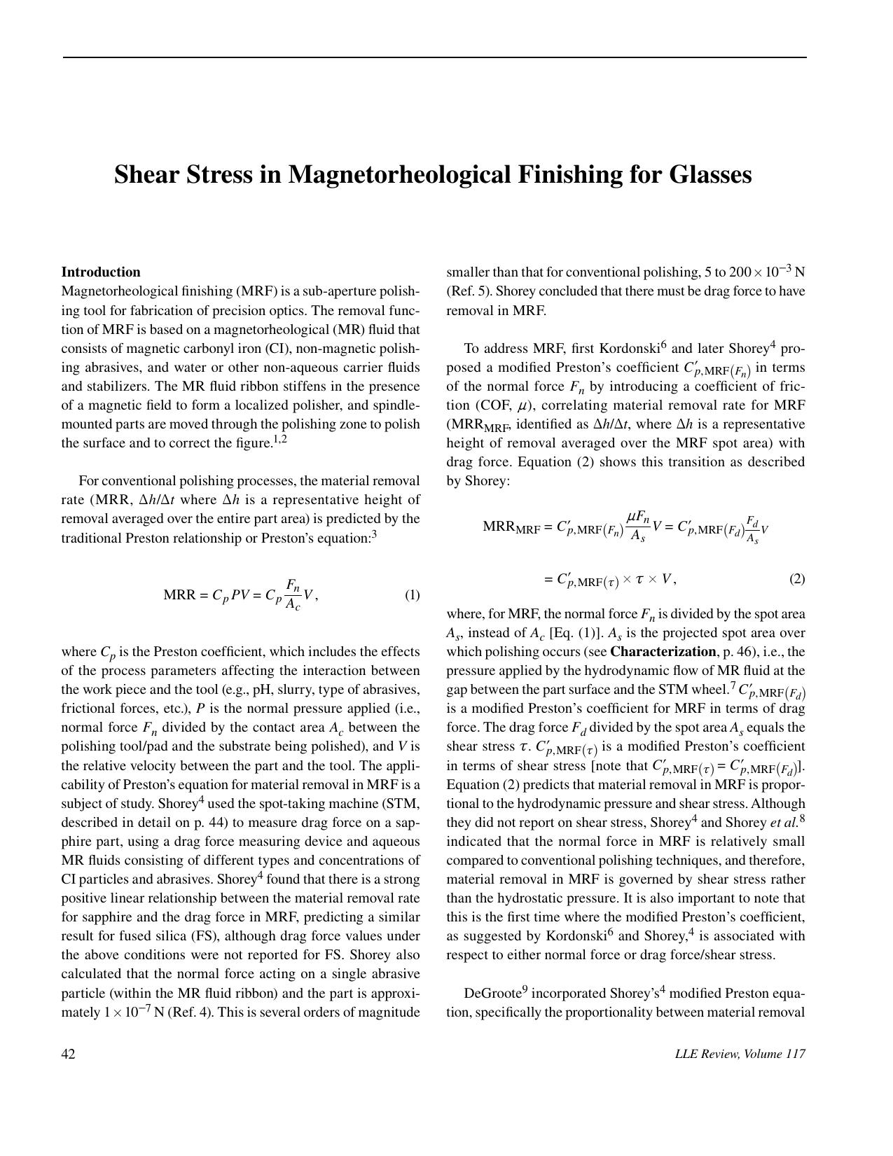 Shear stress in magnetorheological finishing for glasses by Miao C. (et al.)