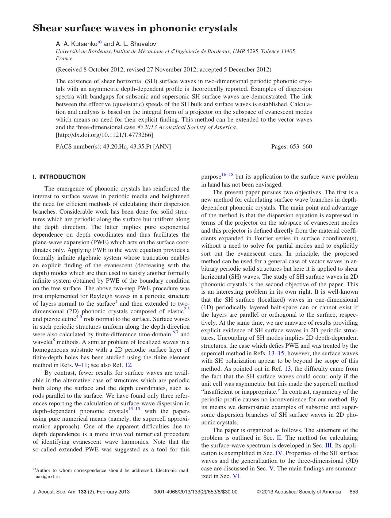 Shear surface waves in phononic crystals by A. A. Kutsenkoa) and A. L. Shuvalov