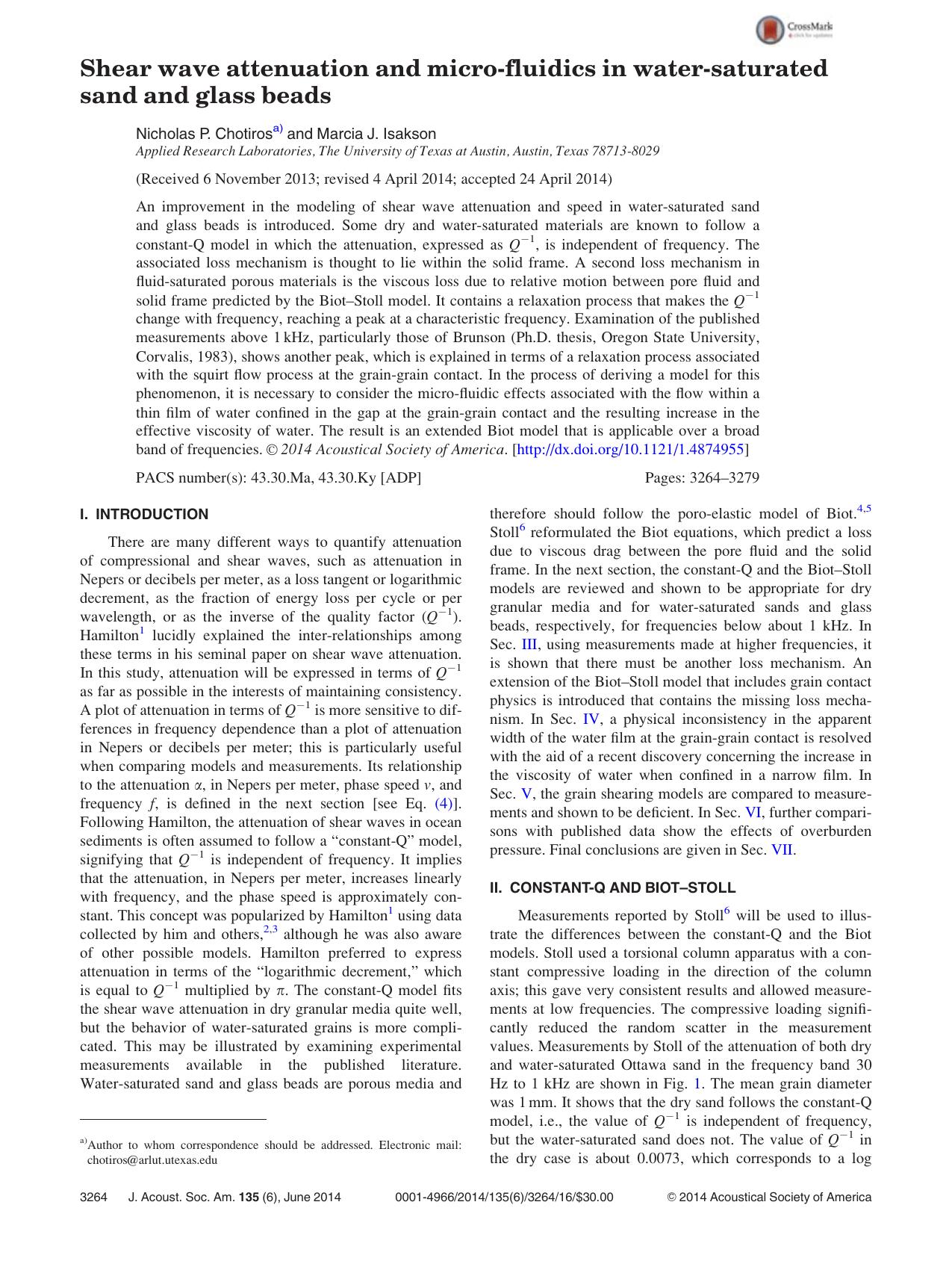Shear wave attenuation and micro-fluidics in water-saturated sand and glass beads by Nicholas P. Chotiros & Marcia J. Isakson
