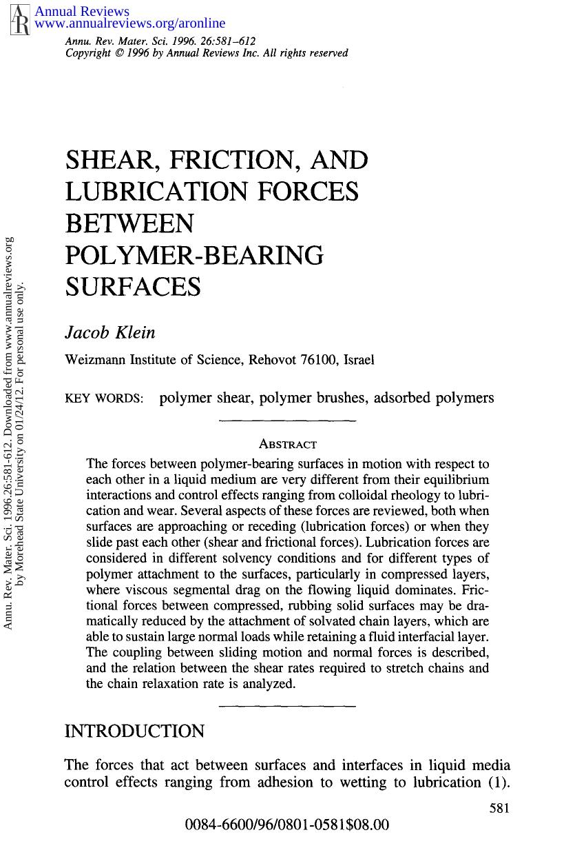 Shear, Friction, and Lubrication Forces Between Polymer-Bearing Surfaces by J Klein