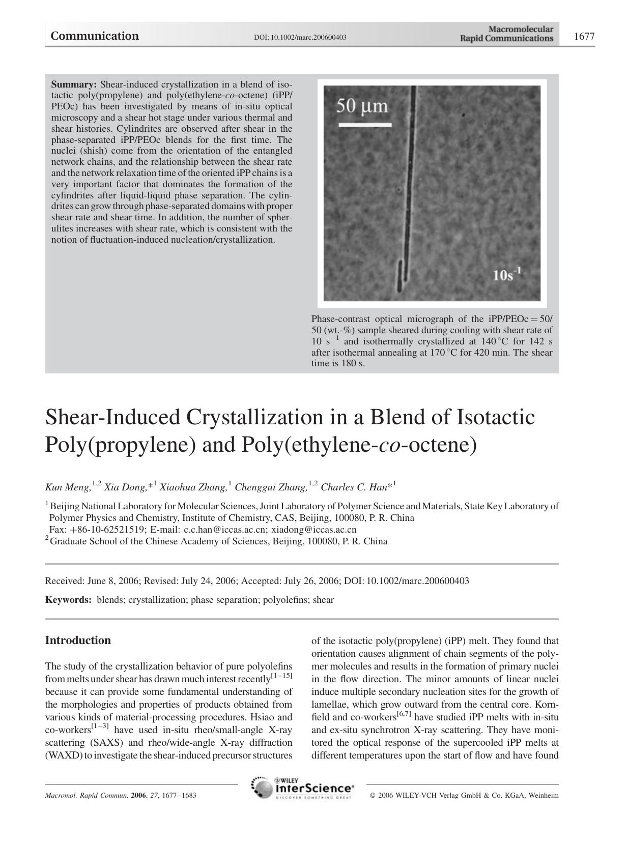 Shear-Induced Crystallization in a Blend of Isotactic Poly(propylene) and Poly(ethylene-co-octene) by Unknown