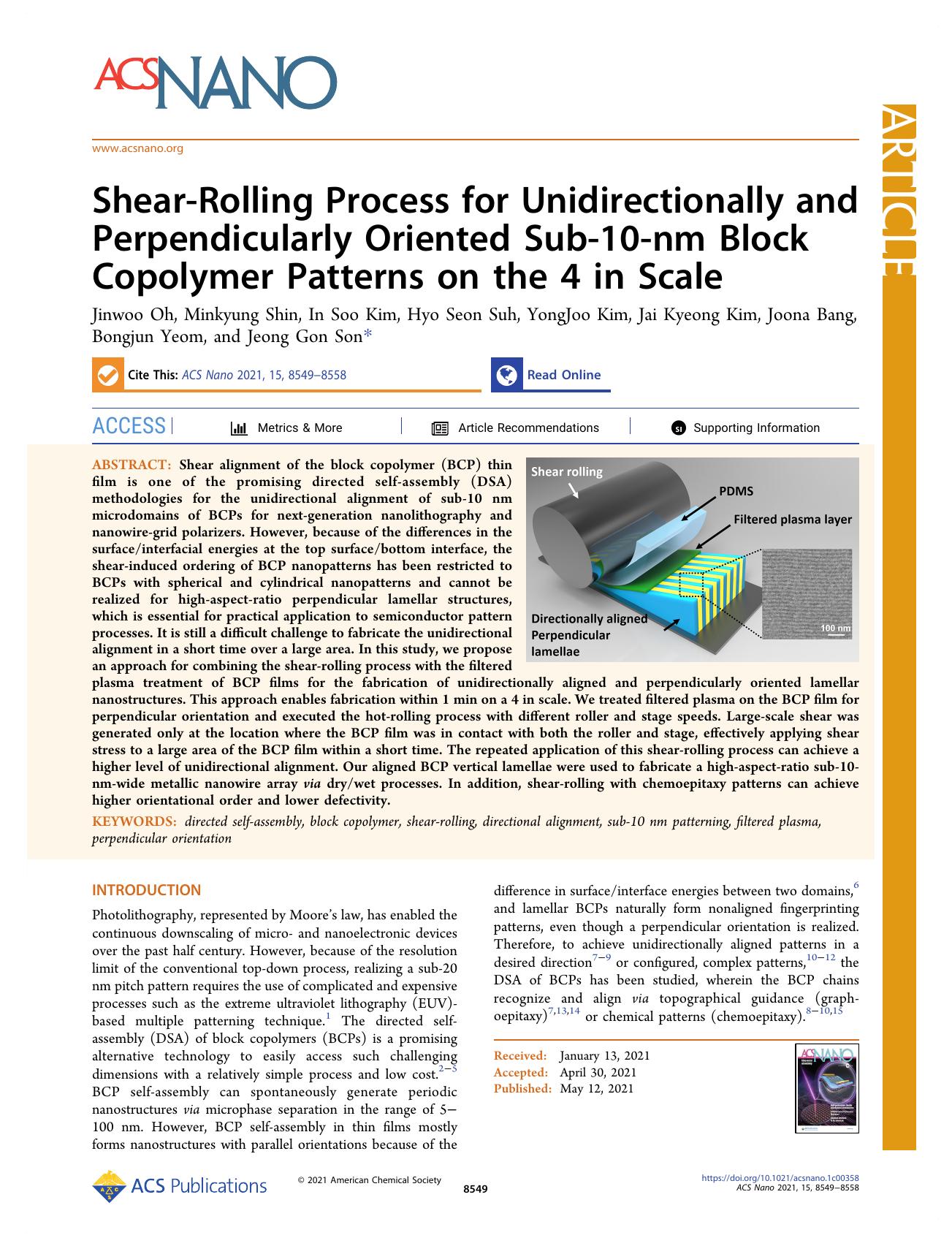 Shear-Rolling Process for Unidirectionally and Perpendicularly Oriented Sub-10-nm Block Copolymer Patterns on the 4 in Scale by unknow