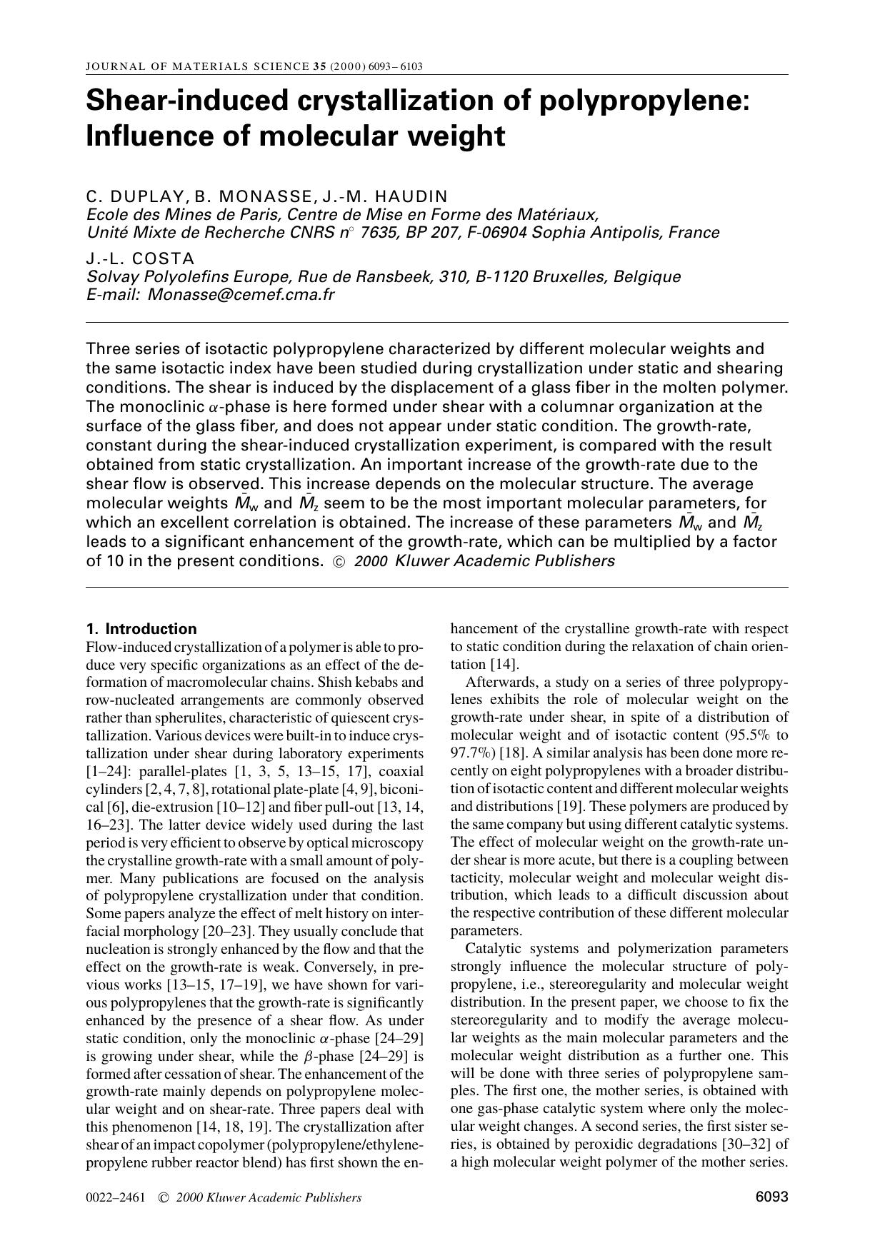 Shear-induced crystallization of polypropylene: Influence of molecular weight by Unknown