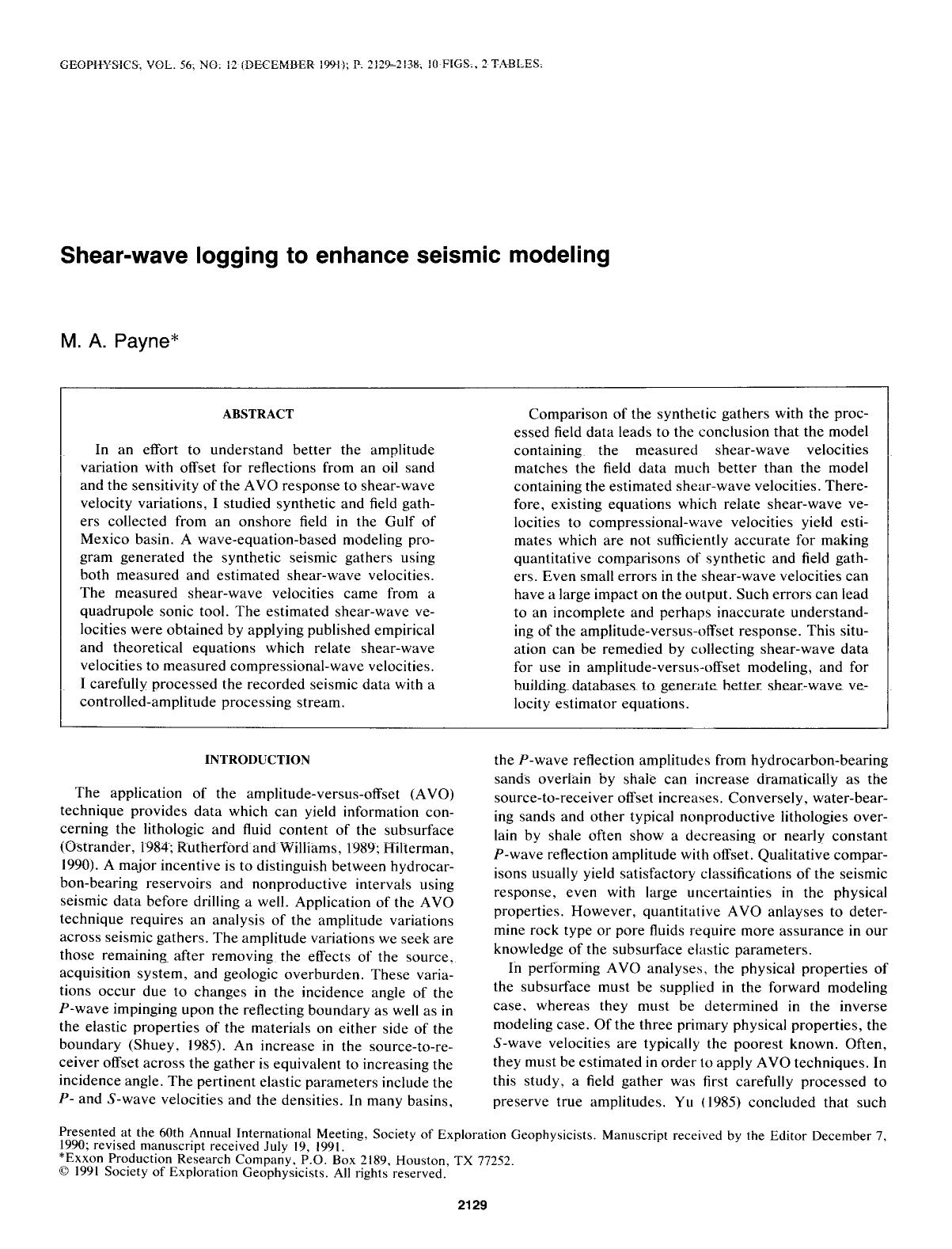 Shear-wave logging to enhance seismic modeling by Payne M. A