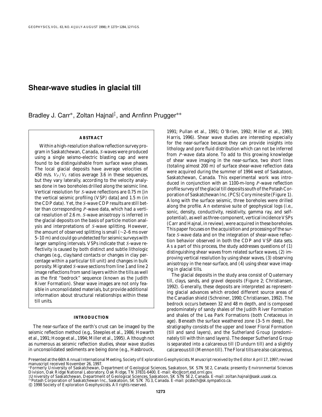 Shear-wave studies in glacial till by B. J. Carr Z. Hajnal A. Prugger