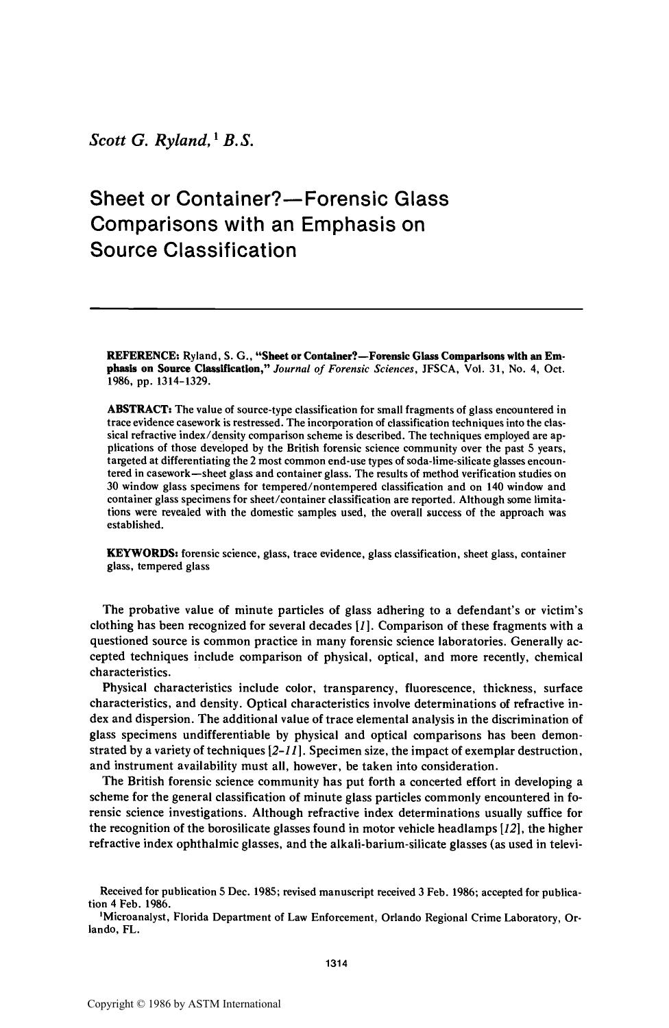 Sheet or Container?ŁForensic Glass Comparisons with an Emphasis on Source Classification by Ryland SG