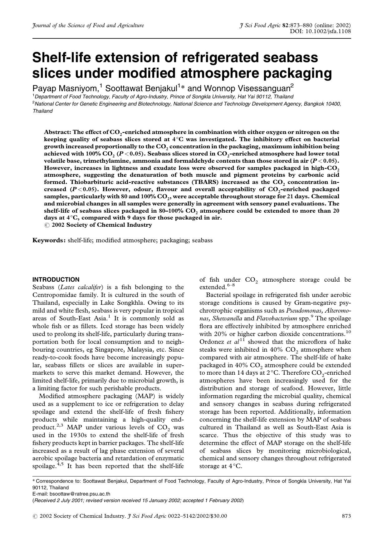 Shelf-life extension of refrigerated seabass slices under modified atmosphere packaging by Unknown