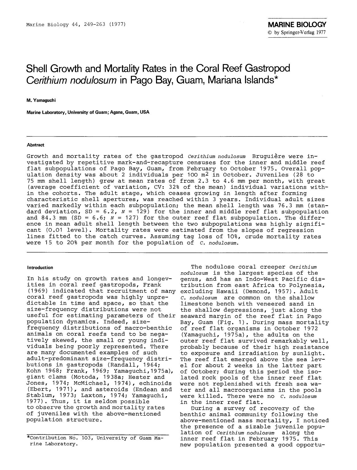 Shell growth and mortality rates in the coral reef gastropod <Emphasis Type="Italic">Cerithium nodulosum<Emphasis> in Pago Bay, Guam, Mariana Islands by Unknown