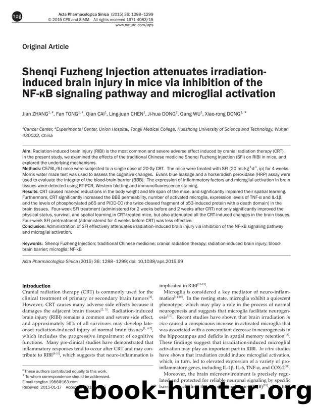 Shenqi Fuzheng Injection attenuates irradiation-induced brain injury in mice via inhibition of the NF-ÎºB signaling pathway and microglial activation by Jian Zhang & Fan Tong & Qian Cai & Ling-juan Chen & Ji-hua Dong & Gang Wu & Xiao-rong Dong