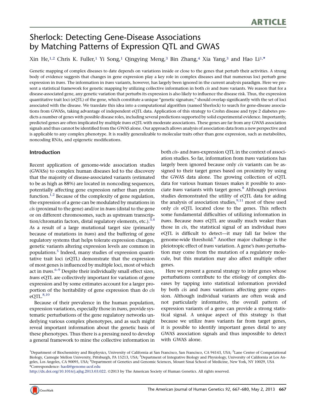 Sherlock: Detecting Gene-Disease Associations by Matching Patterns of Expression QTL and GWAS by Xin He & Chris K. Fuller & Yi Song & Qingying Meng & Bin Zhang & Xia Yang & Hao Li