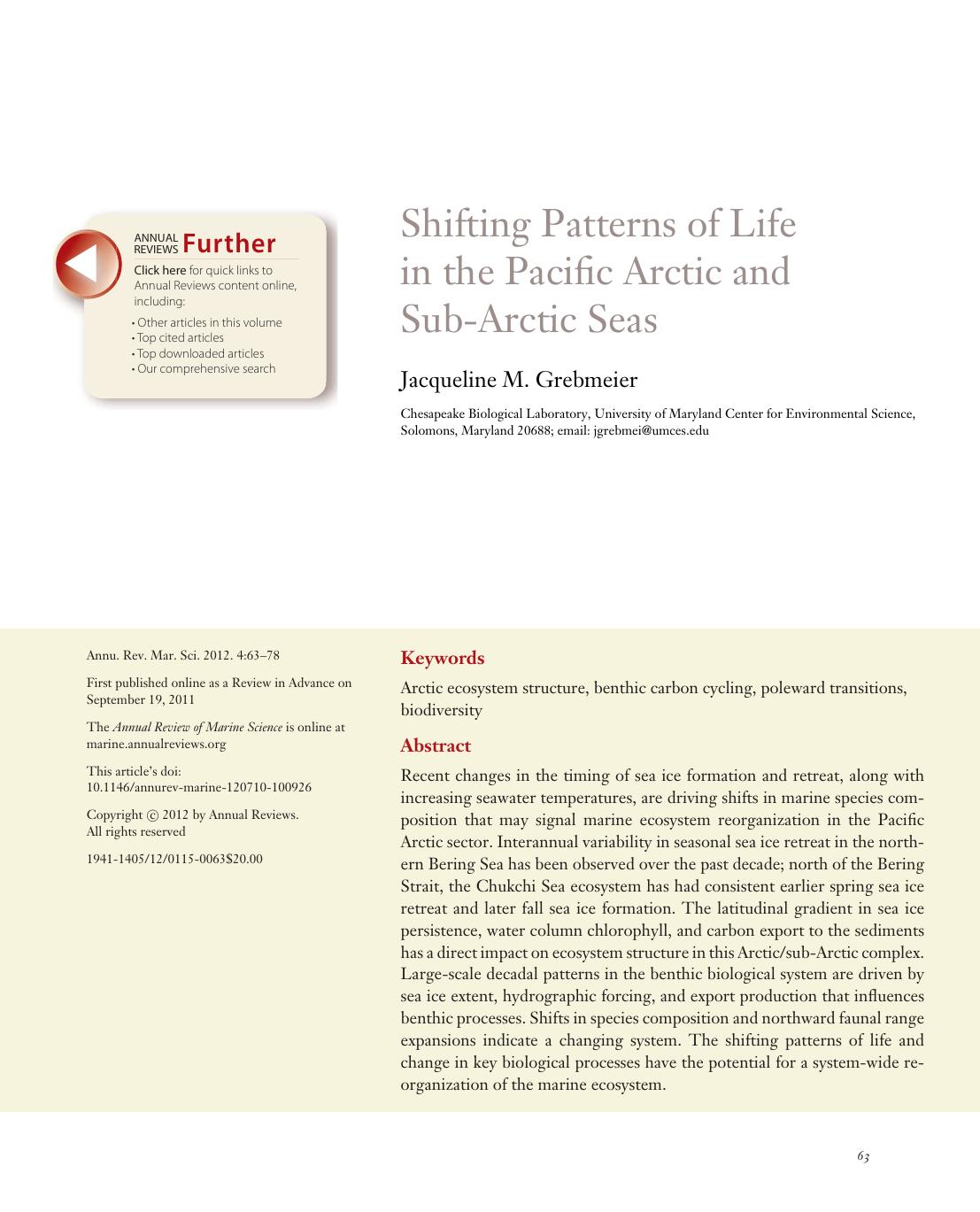 Shifting Patterns of Life in the Pacific Arctic and Sub-Arctic Seas by Jacqueline M. Grebmeier