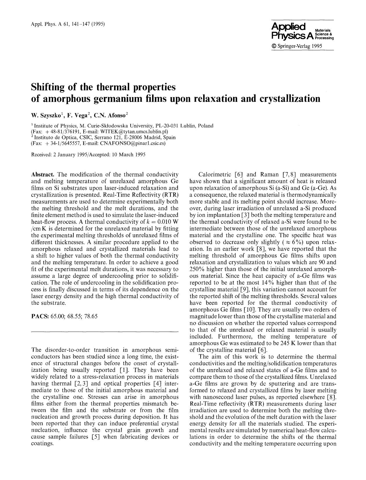 Shifting of the thermal properties of amorphous germanium films upon relaxation and crystallization by Unknown