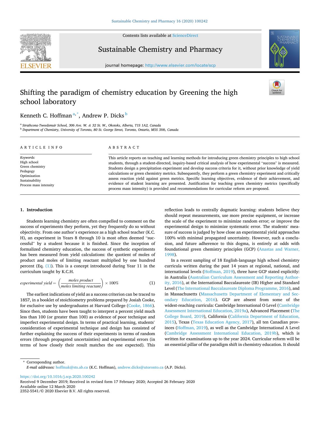 Shifting the paradigm of chemistry education by Greening the high school laboratory by Kenneth C. Hoffman & Andrew P. Dicks