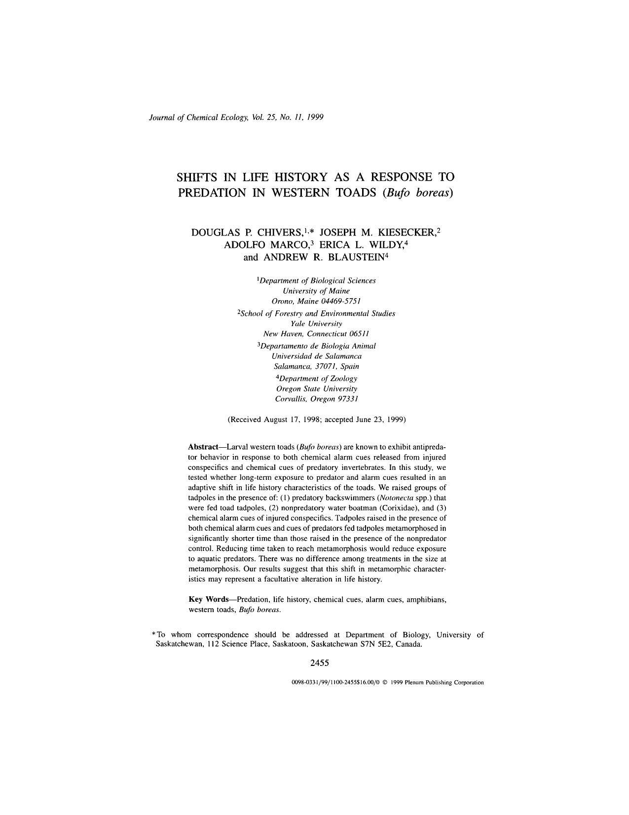 Shifts in Life History as a Response to Predation in Western Toads (<Emphasis Type="Italic">Bufo boreas<Emphasis>) by Unknown