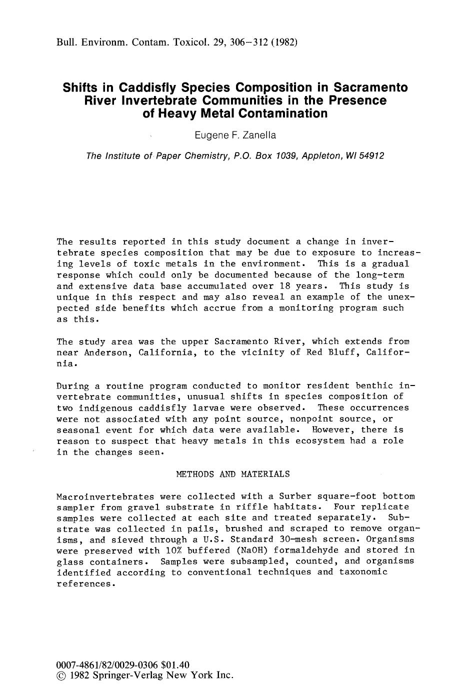 Shifts in caddisfly species composition in Sacramento River invertebrate communities in the presence of heavy metal contamination by Unknown