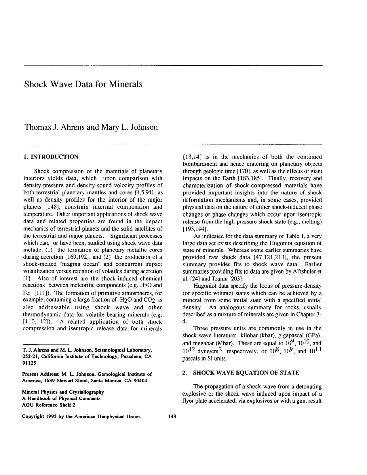 Shock wave data for minerals by T J Ahrens; Mary L Johnson; United States. National Aeronautics and Space Administration