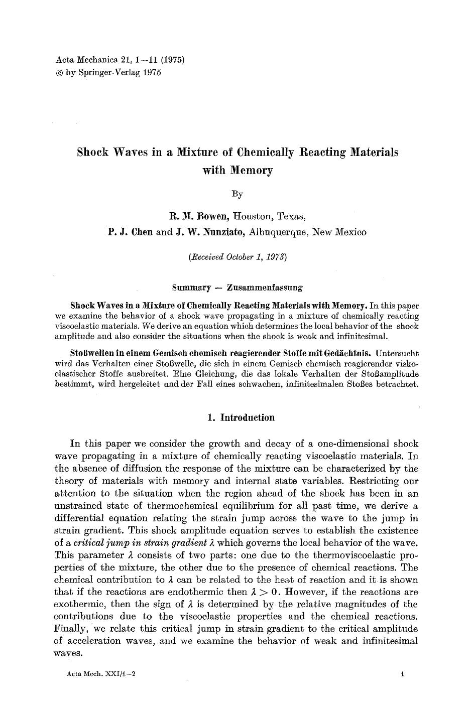 Shock waves in a mixture of chemically reacting materials with memory by Unknown